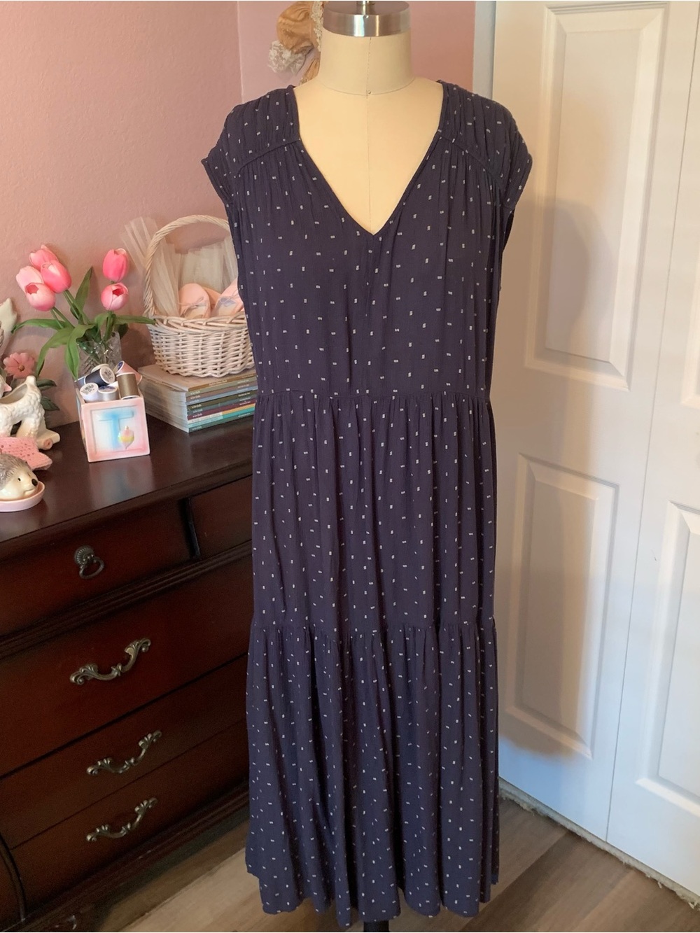 JESSICA SIMPSON Navy Blue Polka Dot V-Neck Tiered Maxi Dress